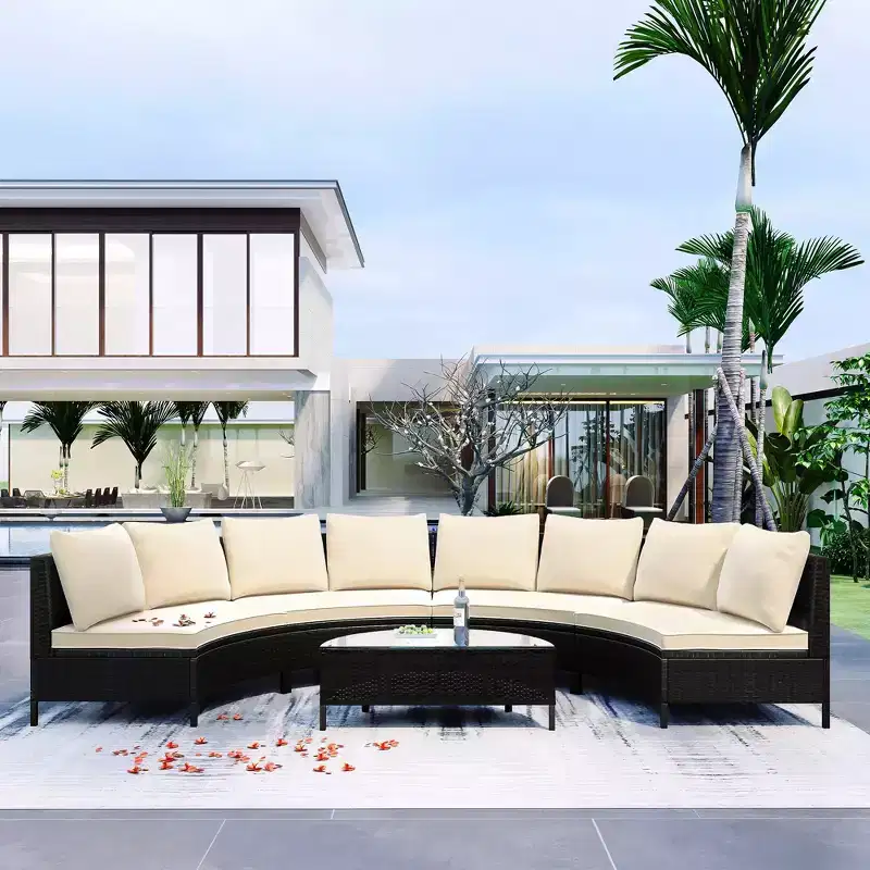 Whisen Pieces Outdoor PE Rattan Wicker Sofa Set, Patio Half-Moon Sofa Set with Tempered Glass Table