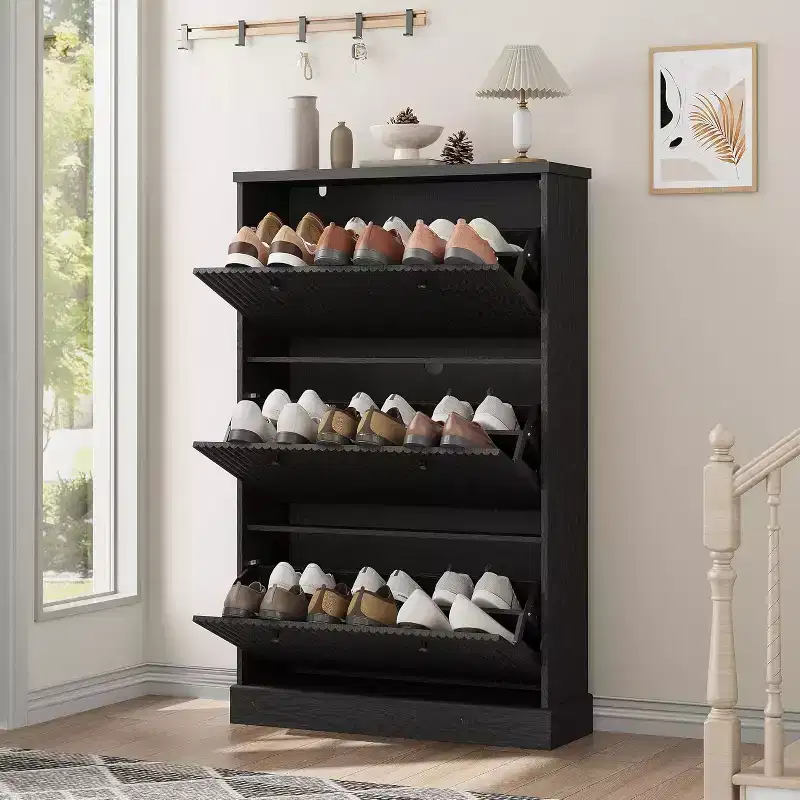 Shoe Cabinet with 3 Flip Drawers,Fluted Storage Cabinet with Adjustable and Removable Shelves,Freestanding Narrow Shoe Organizer for Entryway,Hallway
