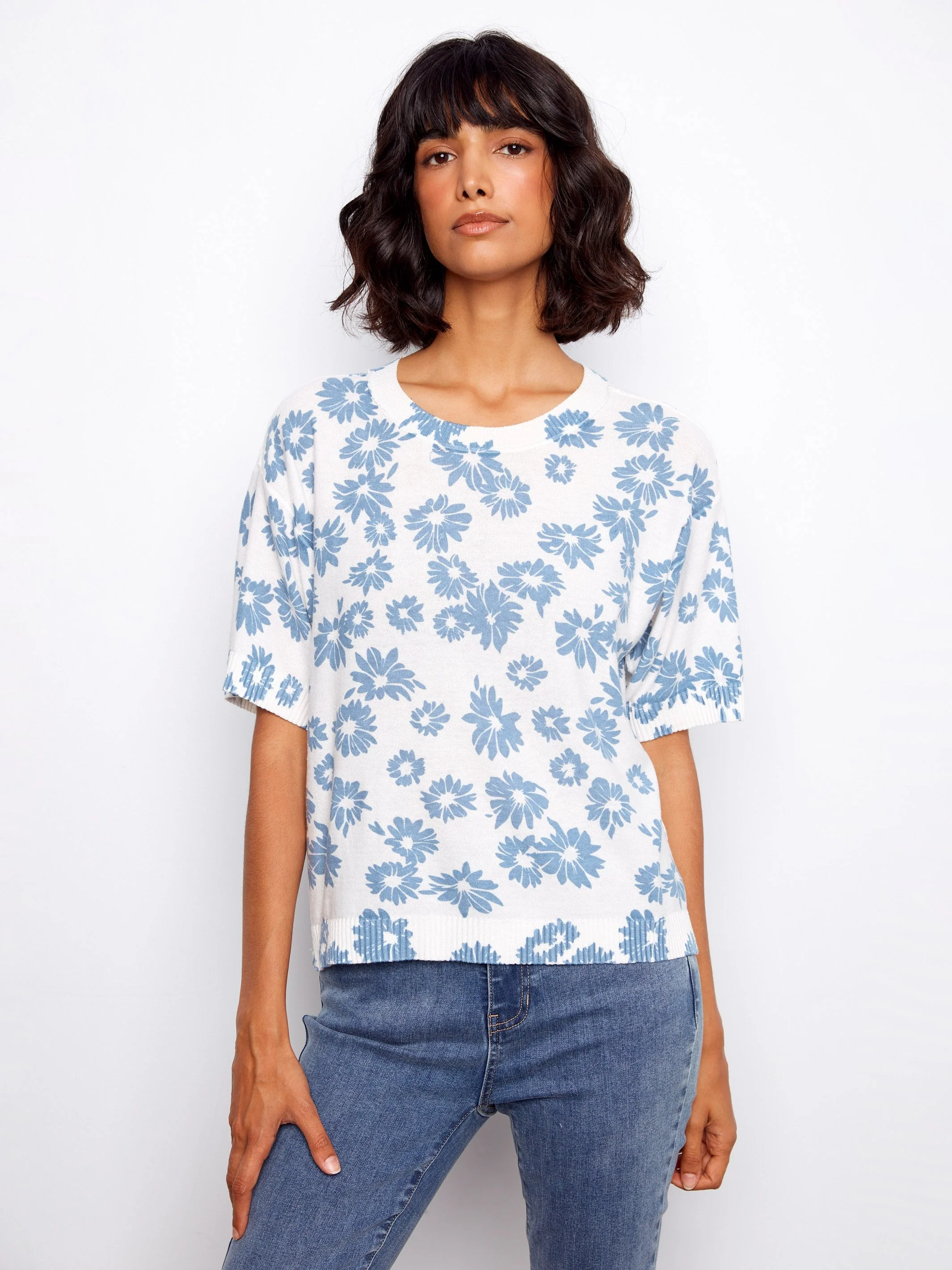 Reversible Short Sleeve Printed Sweater - Floral