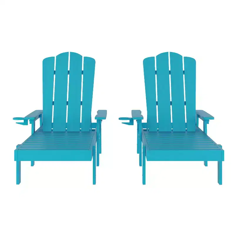 Merrick Lane Set of 2 Indoor/Outdoor Adjustable Adirondack Loungers with Fold Out Cupholders- Recycled All-Weather Indoor/Outdoor HDPE Lounge Chairs