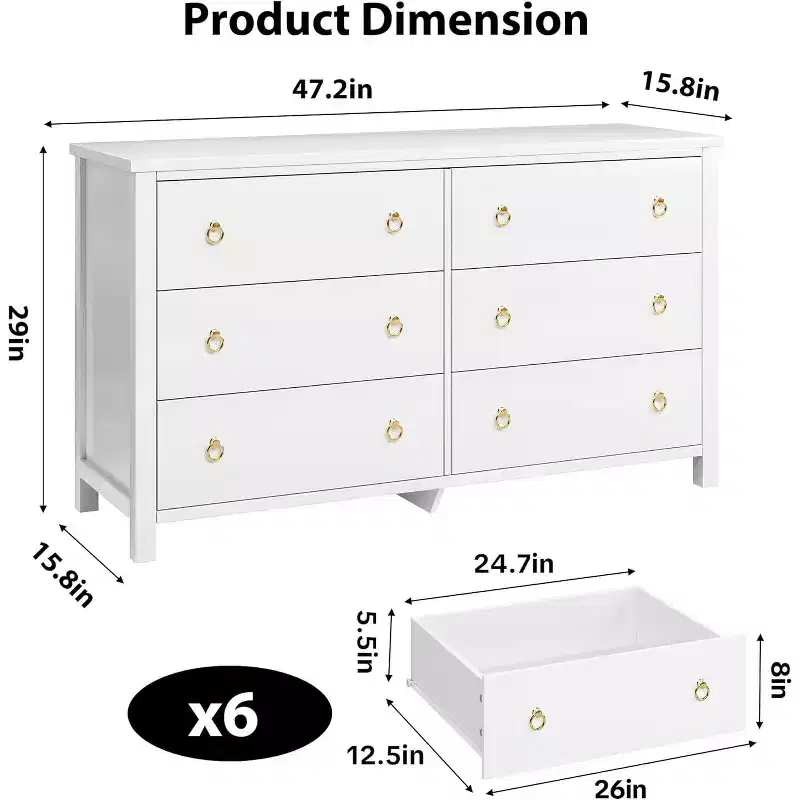 6 Dresser for Bedroom, 47.2 Wide Dresser, Wooden Closet Dressers Chest, Modern Wide Drawer Dresser, for Bedroom, Living Room, White