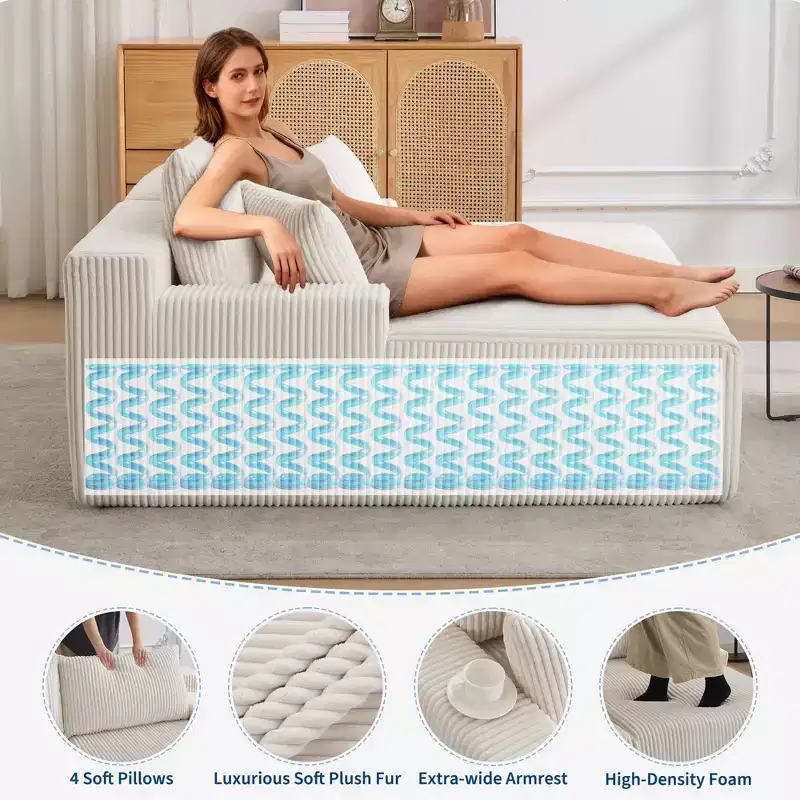 Oversized Corduroy Sleeper Sofa Bed - 79'' Deep Seat, No Assembly, 4 Pillows & Armrests, Comfy Cloud Loveseat for Living Room, Bedroom, Office