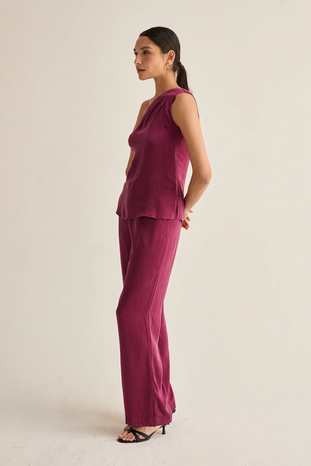 High Waist Straight Leg Cupro Trousers with Slash Pockets
