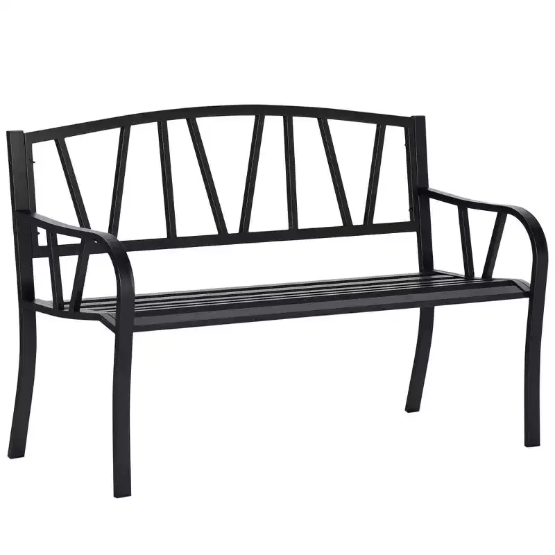 50 Outdoor Bench, Metal Garden Bench with V-Shaped Pattern Backrest, Porch Bench with Slatted Seat for Park, Lawn
