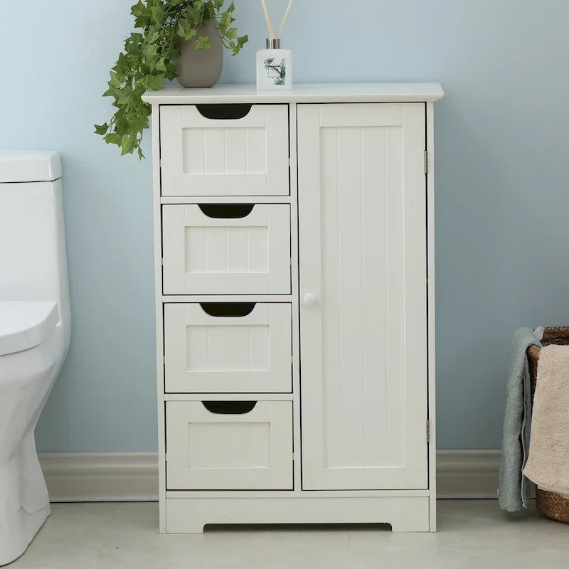 White Wood 4-Drawer 1-Door Bathroom Storage Cabinet