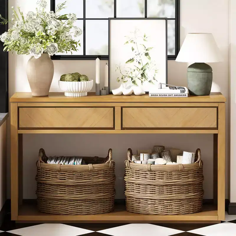 55IN Rustic Console Table with 2 Drawers, Entryway Table with Open Shelf, Hallway Table for Living Room, Bedroom, Foyer, Natural