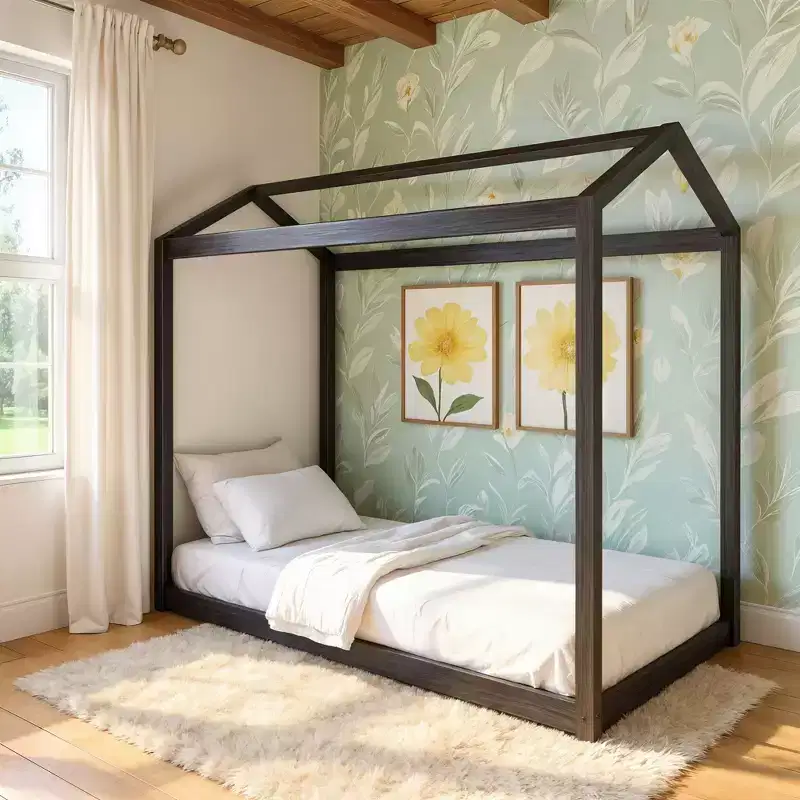 Twin-Size House Bed, Solid Knot-Free Pine Wood, Kids Bed Frame, No Box Spring Needed, Ages 5+