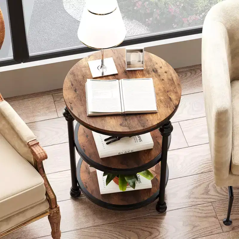 Round Side Table with 3 Shelves, Small End Table for Living Room, Bedroom, Steel Frame Nightstand & Coffee Table