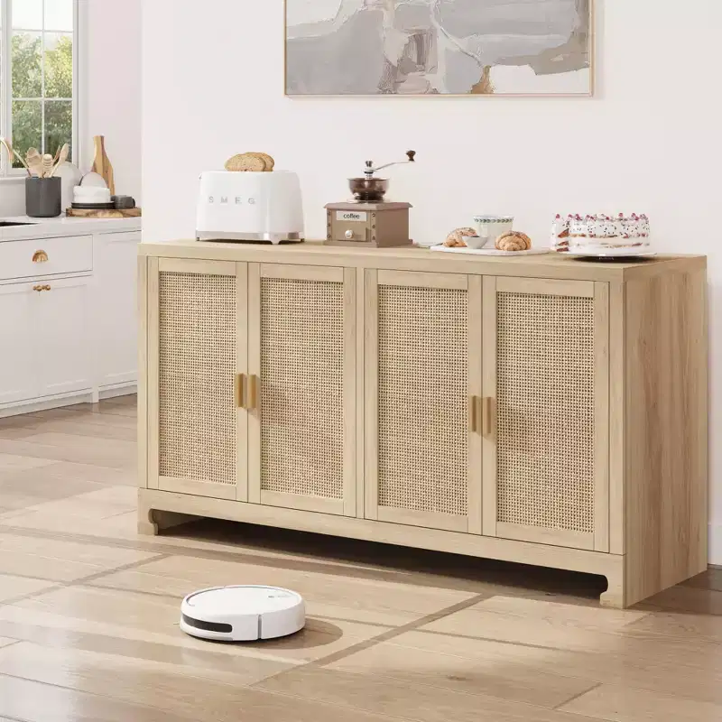 Woven Rattan 4-Door Storage Cabinet, Buffet Sideboard with Shelf, Coffee Bar Console for Kitchen Dining & Living Room, 36H