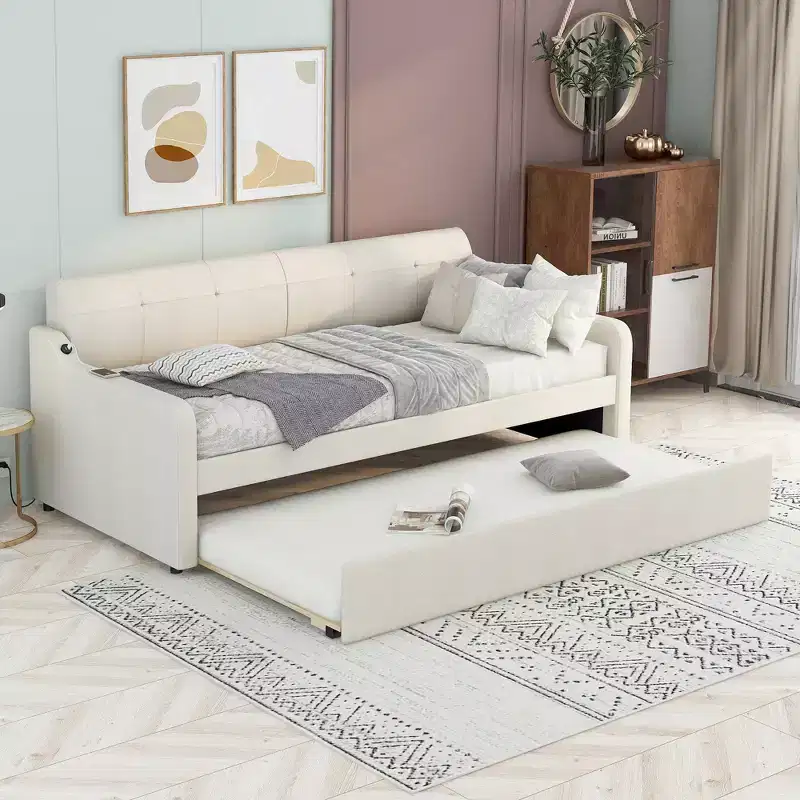 Whisen Upholstery Daybed with Erectable Trundle and USB Charging Design