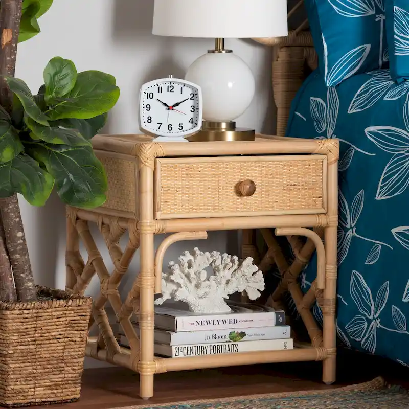 Camara Modern Bohemian Natural Brown Rattan Single-Drawer Nightstand