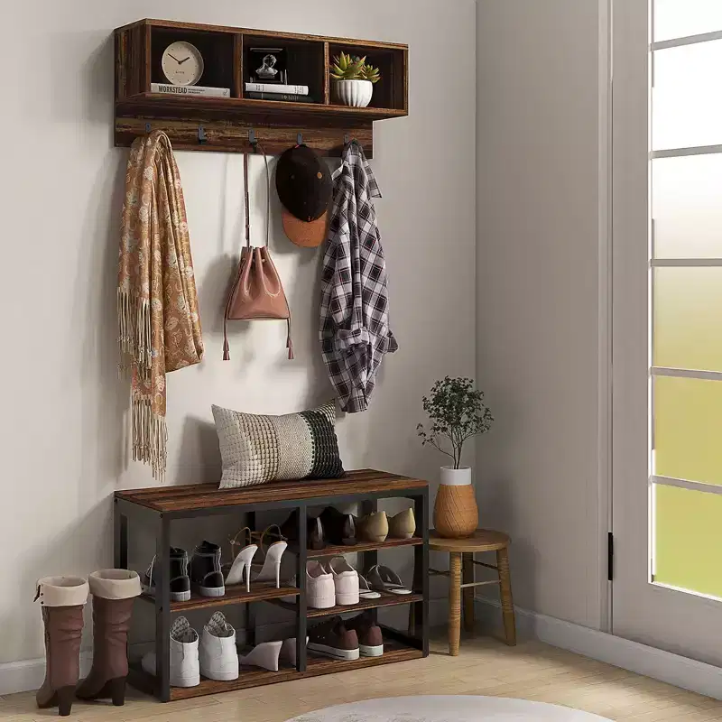 MAYEERTY Hall Tree with 5 Hooks Bench and Shoe Storage for 10 Pairs of Shoes for Entryway 2 in 1 Coat Rack Shoe Bench Set