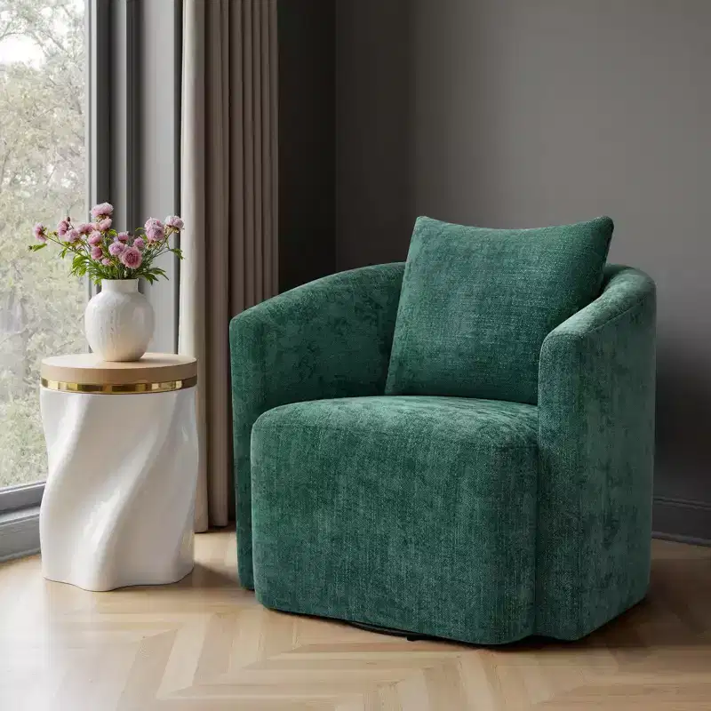Bekrvio Full Assembled Swivel Accent Chair, Chenille Upholstered Barrel Armchair with Pillow, Cozy Single Sofa Chair for Reading Living Room