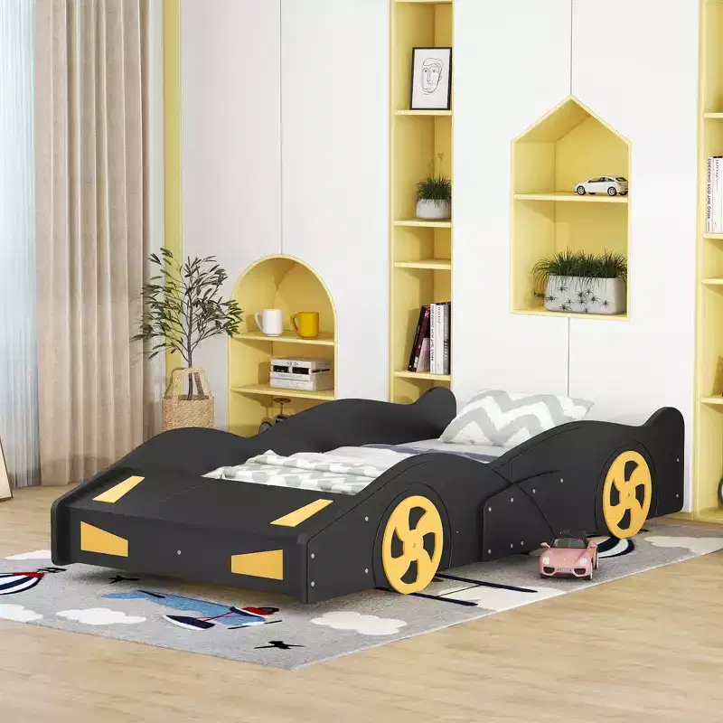 Race Car Bed Platform Bed for Kids, Wood Car-Shaped Kids Bed Frame with Storage and Wheels for Boys Girls