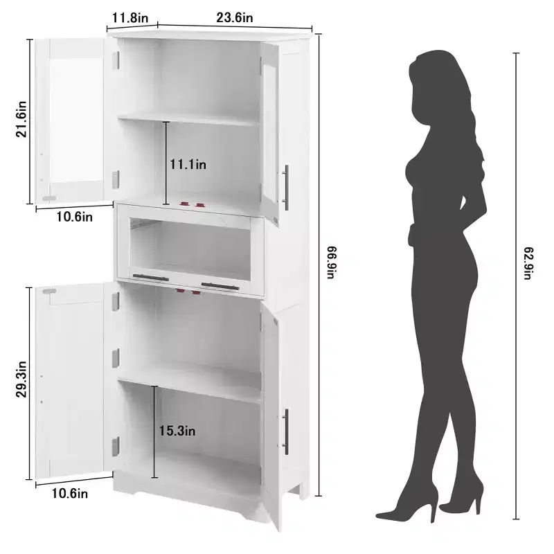 67 Tall Bathroom Cabinet, Freestanding Storage Cabinet with Glass Doors and Adjustable Shelves and Drawers,