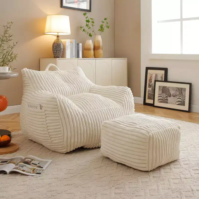 Modern Plush Corduroy Floor Bean Bag Sofa Chair with Armrests & Footstool,Lazy Lounge Couch for Living Room,Bedroom