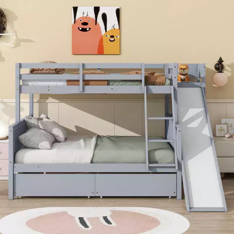Twin over Full Bunk Bed with 2 Drawers, Shelves, Slide, Ladder, Safety Guardrails and Rubber Wood Frame, White/Grey-ModernLuxe