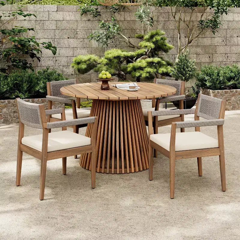 Christopher Knight Home Sivir Modern Coastal 5 Piece Patio Acacia Wood Dining Set with Cushions
