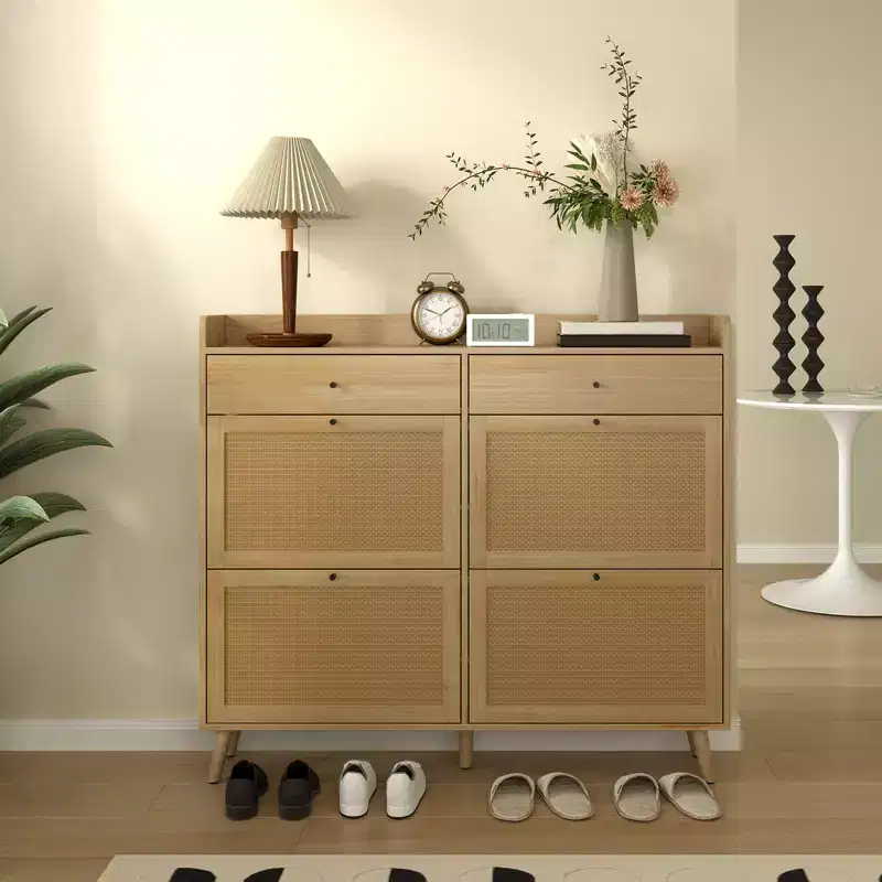 Shoe Storage Cabinet with 4 Flip Drawers, Rattan Freestanding Shoe Organizer, Hidden Slim Shoe Rack Cabinet For Hallway Living Room Apartment