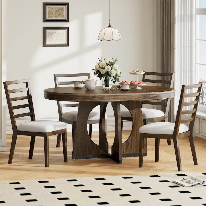 Vintage Style 5-piece Dining Set with Extendable Table and 4 Upholstered Chairs