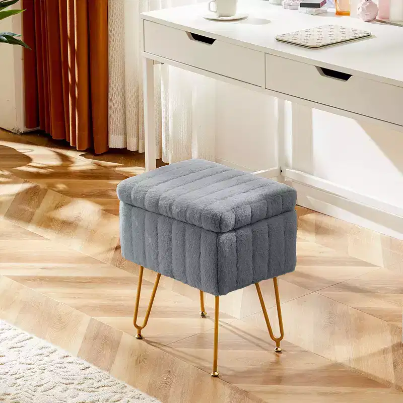 TUYOHW Chic Vanity Stool with Storage,19.8L Plush Faux Fur Footrest Ottoman Makeup Stools,Metal Legs and Anti-Slip Design,200lbs Capcity