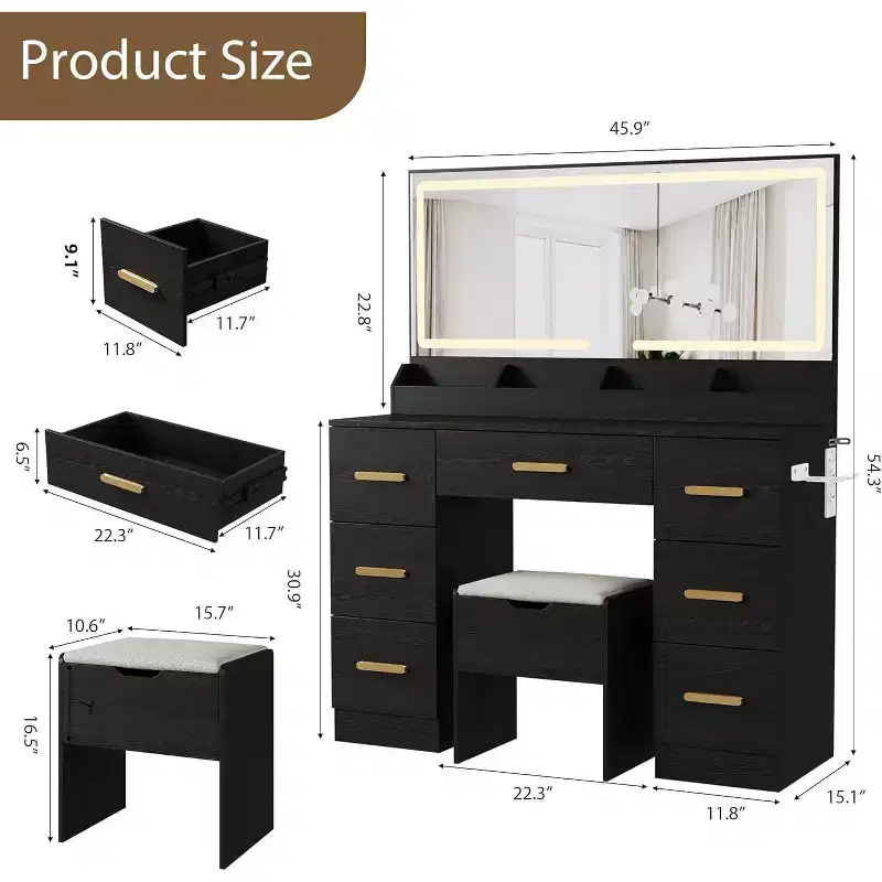 Black/White Makeup Vanity Desk with Lighted Mirror & 8 Drawers for 1