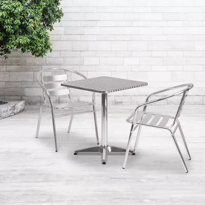 Emma and Oliver 23.5 Square Aluminum Table Set with 2 Slat Back Chairs