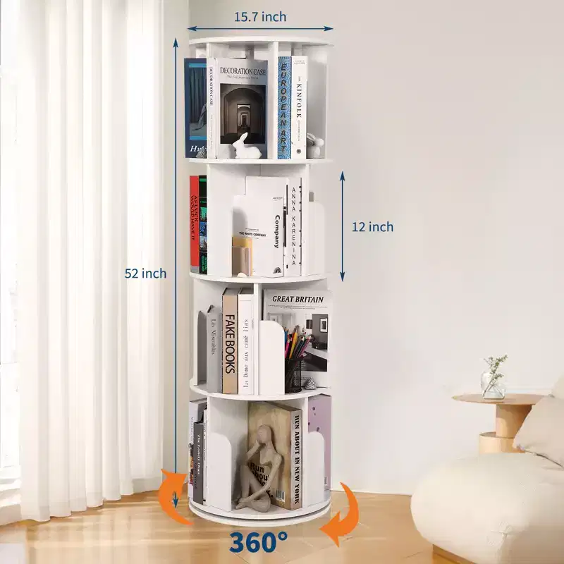 4 Tier 360 Rotating Bookshelf, Free Standing Wooden Bookcase, Book Storage Organizer for Living Room, Bedroom