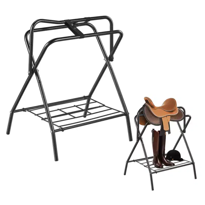 Freestanding Folding Saddle Rack & Horse Blanket Holder, Heavy Duty Steel, Black