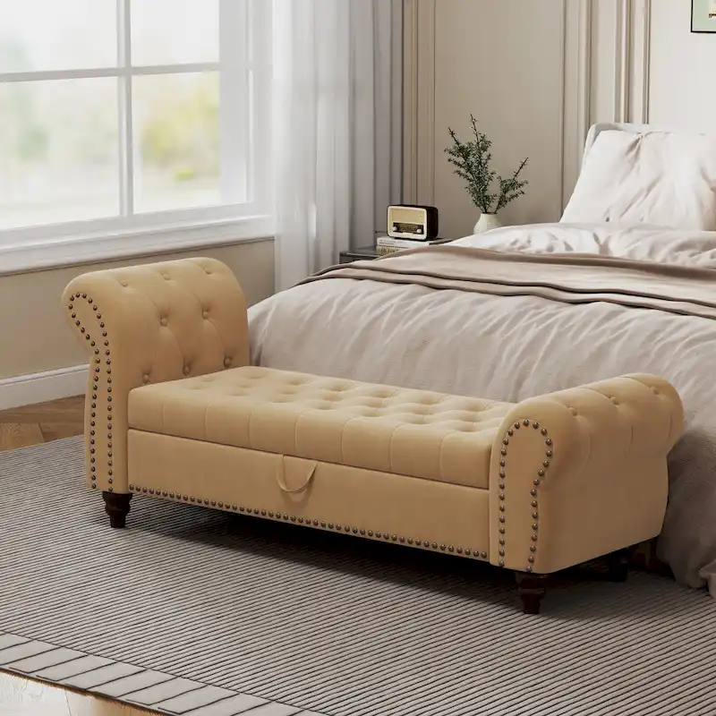 64.5 Bench for Bed Room Nails Tufted Chaise of Lounge with Storage Velvet Upholstery Khaki