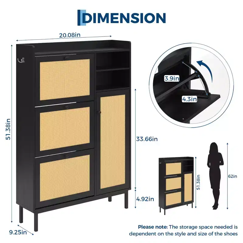 Shoe Cabinet with 3 Flip Drawers and 4 Tier Adjustable Shelves, Natural Rattan Shoe Organizer Storage for Entryway Hallway Closet