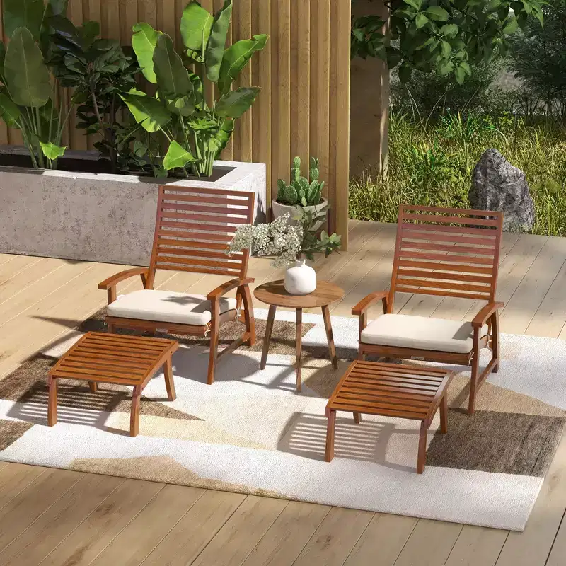 4 Piece Patio Furniture Set, 2 Chairs with Cushions & Ottomans, Slatted Acacia Wood