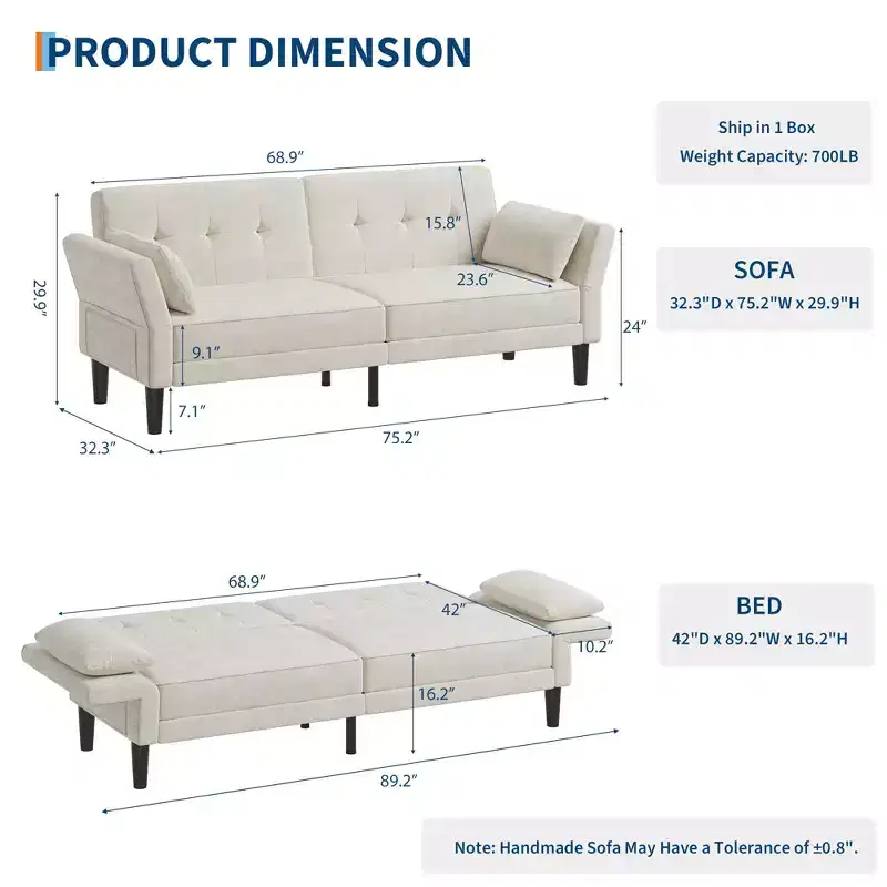 89 Futon Sofa Bed, Convertible Sleeper Sofa with Adjustable Backrest & Armrest, Modern Loveseat Sleeper for Living Room Bedroom Apartments
