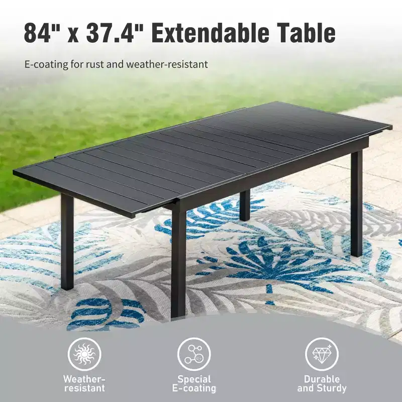 Captiva Designs 9pc Patio Dining Black Expandable Steel Rectangle Table & Foldable Padded Sling Chairs