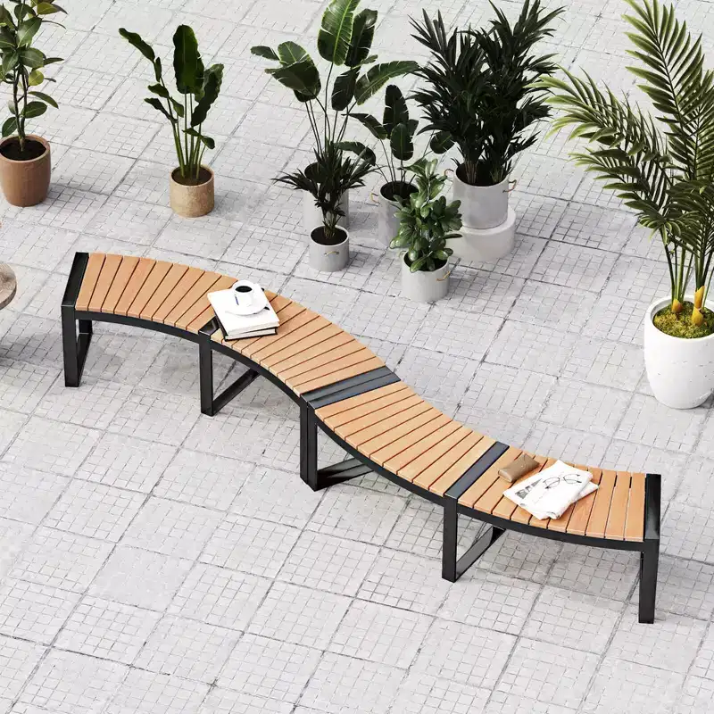 Costway Backless 2-Person Patio Curved Bench with Slatted Seat & Metal Legs Oil Painted