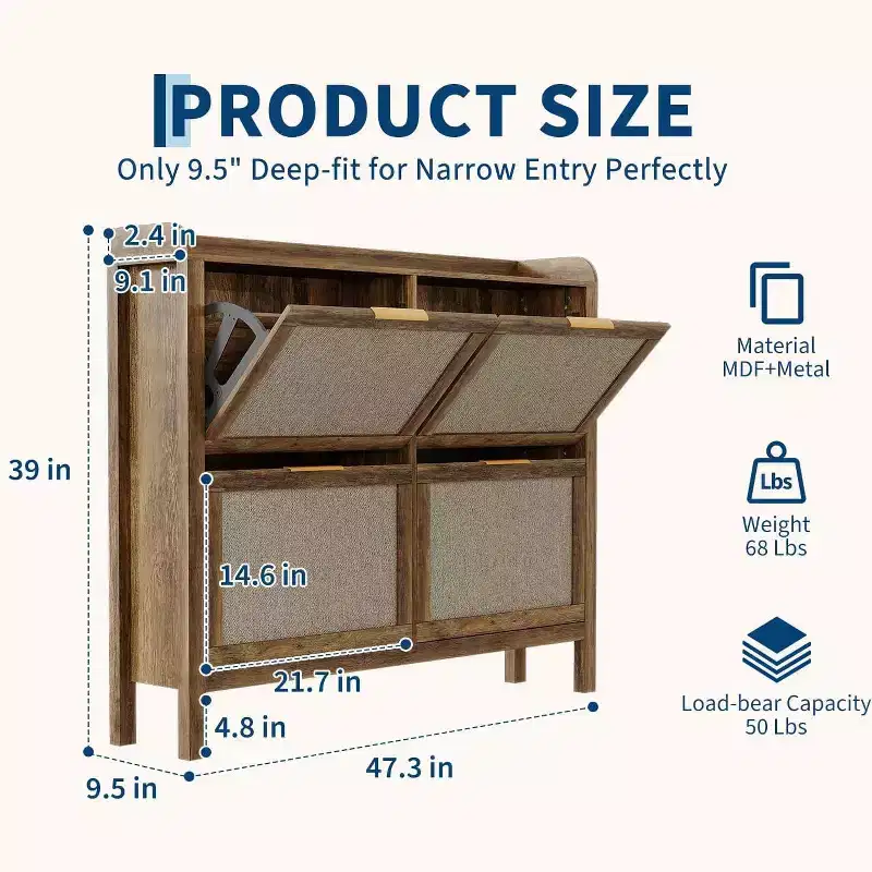 Garvee Rattan Shoe Cabinet,47 Freestanding Narrow Entryway Organizer with 4 Turn over Drawers, Adjustable Shelves, Holds 32-50 Pairs