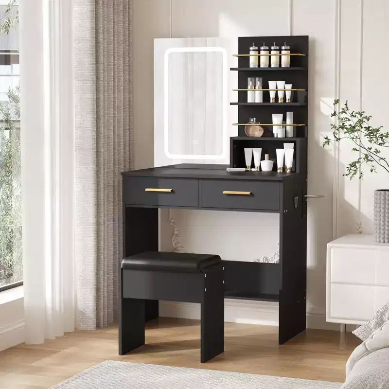Makeup Vanity Desk with Mirror and Lights, 31W Dressing Table with 2 Drawers & Open Storage Shelves, Brightness Adjustable Makeup Vanity Table