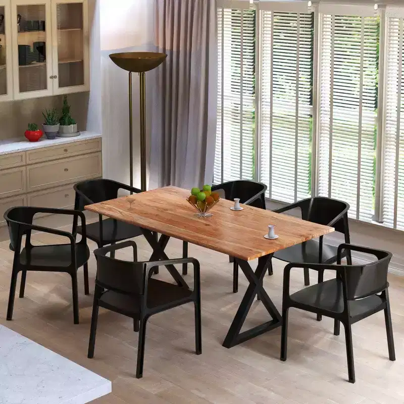 Royal Hampton 67 Inch Rectangular Dining Table with Crossed Metal Legs and Faux Live Edge Acacia Wood Top