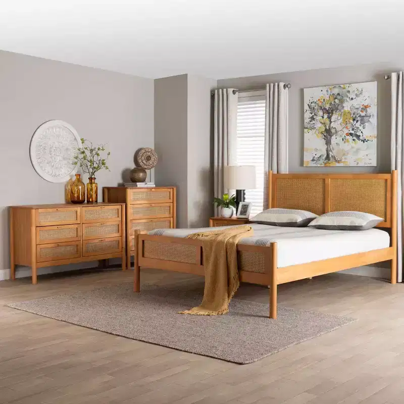 Baxton Studio Jenn Golden Brown Wood Japandi 4-Piece Queen Size Bedroom Set with Distressed-Finished Rattan