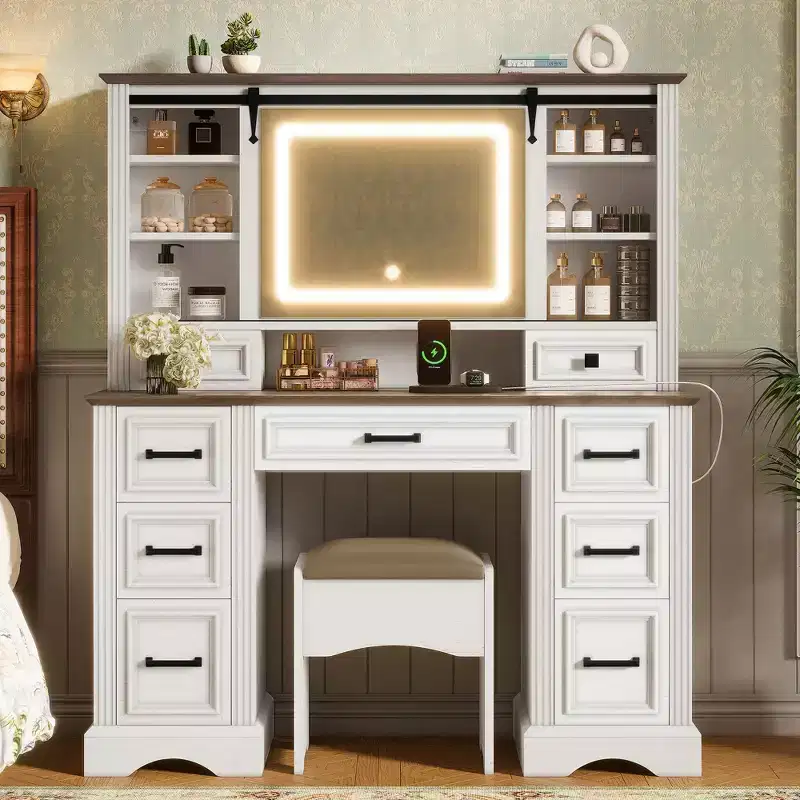 GDFStudio Darren Farmhouse Wood Makeup Vanity Desk Set with Storage Stool, Sliding Lighted Mirror, 9 Drawers and Charging Station
