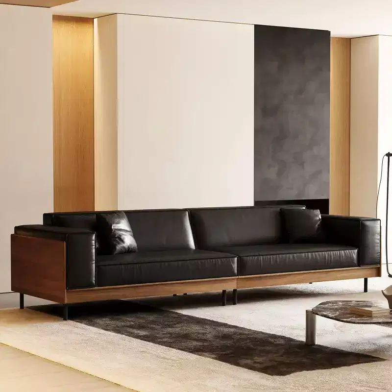 98.42 Contemporary Leather Sofa Couch with Solid Wood Frame, Metal Legs and 3 Accent Pillows