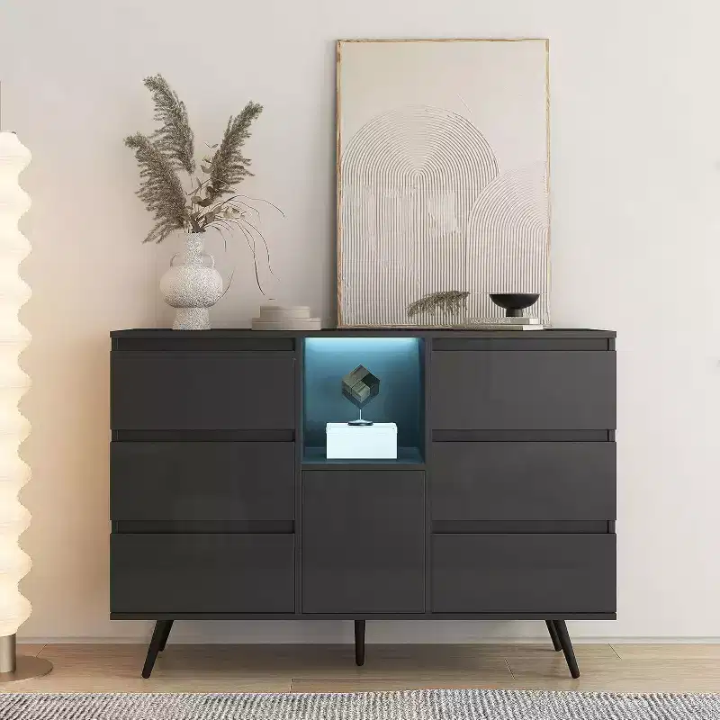 High-Gloss White Sideboard Cabinet with LED Lights – 6 Drawers, 1 Door