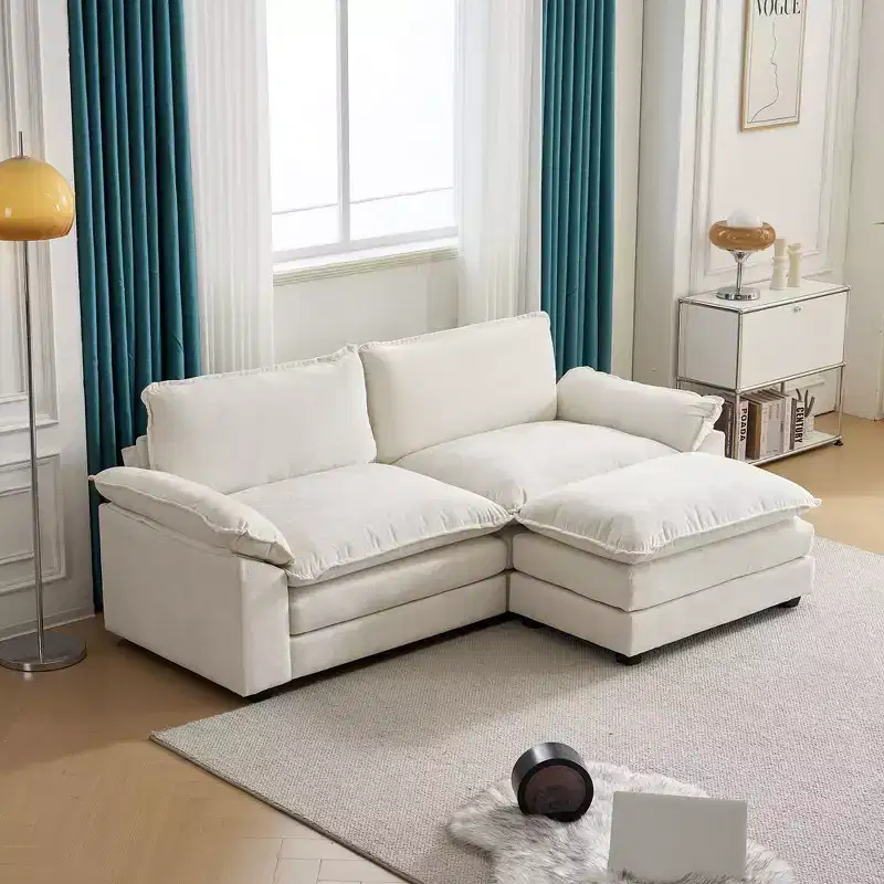 Karl Home |85.4 in. W Pillow Top Arm Double-layer Cushion Chenille Sofa in Blue With Ottoman