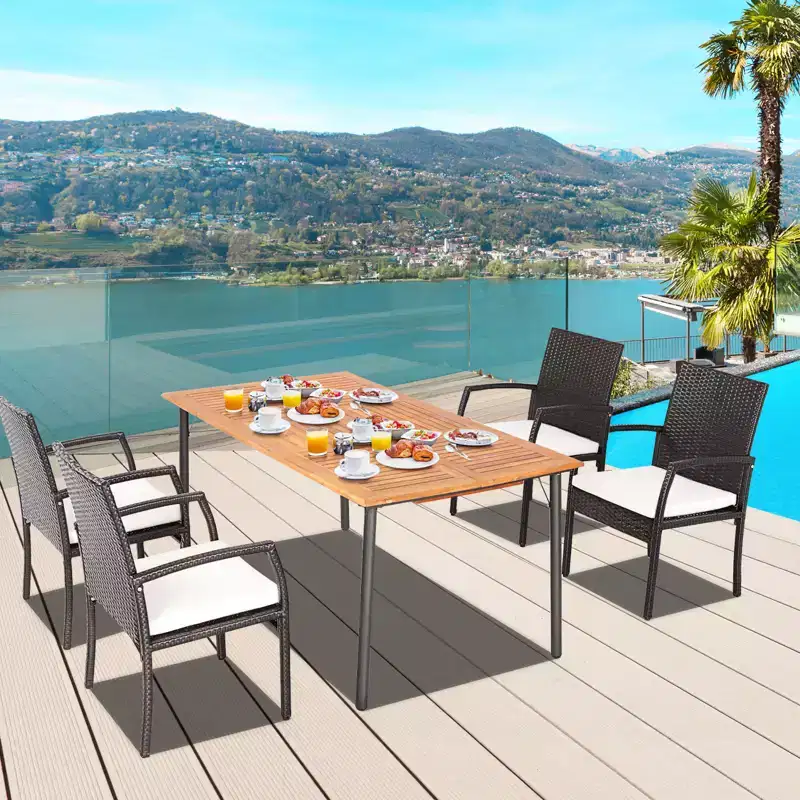 Costway 5PCS Patio Dining Set Cushion Armchairs Acacia Wood Table with Umbrella Hole