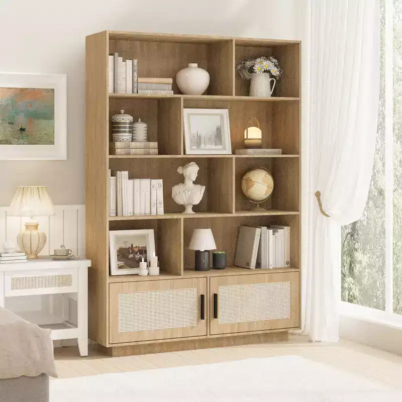 5 Tier Rattan Bookshelf with Storage Cabinet & Door, Tall Industrial Book Shelf with Storage, 5 Shelf Bookcase for Living Room, Bedroom