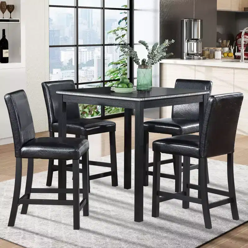 5-Piece Counter Height Dining Set: Square Wood Table, 4 Upholstered Chairs with Crystal Decor, Ideal for Kitchen