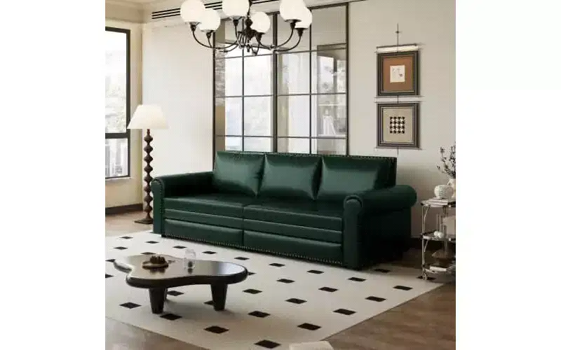 King Pull Out Sofa Bed, 3-in-1 Faux Leather Convertible Sleeper Sofa with Nailhead Trim & Rolled Arm Green