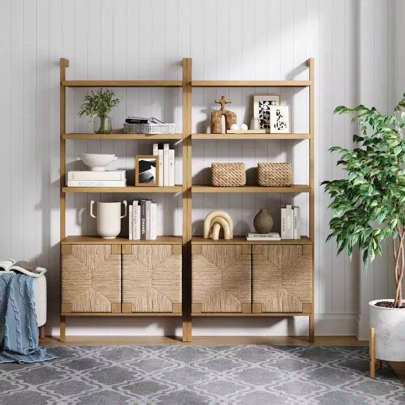 72" Nathan James Set of 2 Beacon Seagrass Bookshelf Light Brown