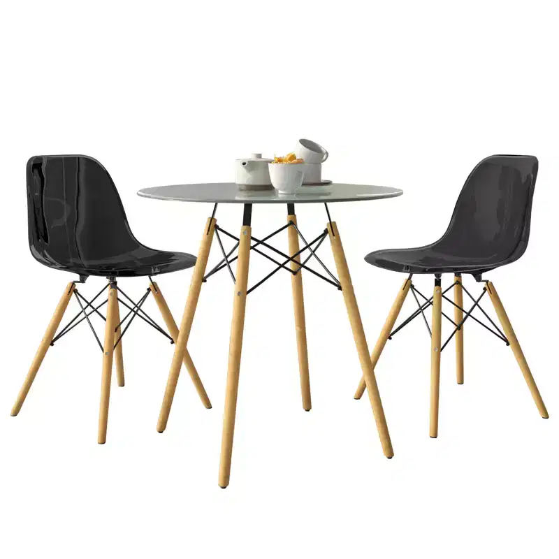 LeisureMod Dover 3-Piece Dining Set  31 Round Clear Glass Bistro Table with 2 Acrylic Chairs with Wooden Dowel Legs, Modern Kitchen, Dining Room