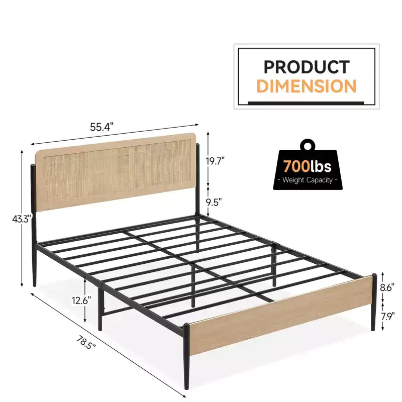 Queen Bed Frame with Rattan Headboard - Boho Style Platform Bed with Underbed Storage, No Box Spring Needed